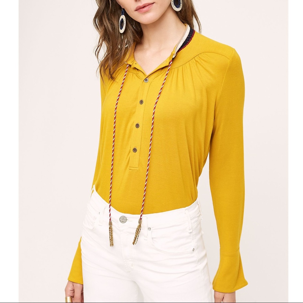 Anthropologie Sz M Beaded Tassel Henley Top EUC